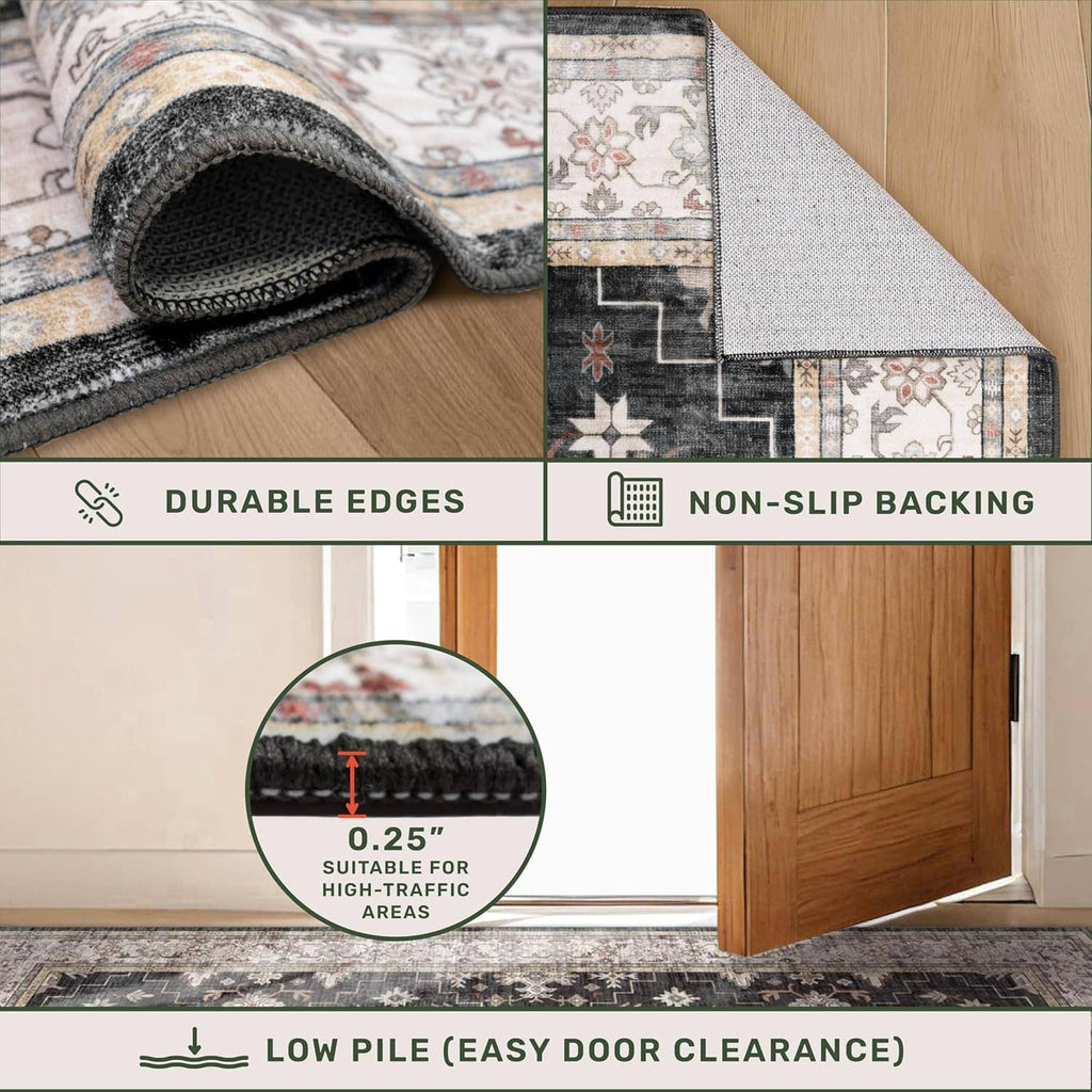 Dark runner rug edge close-up with decorative trim and woven texture