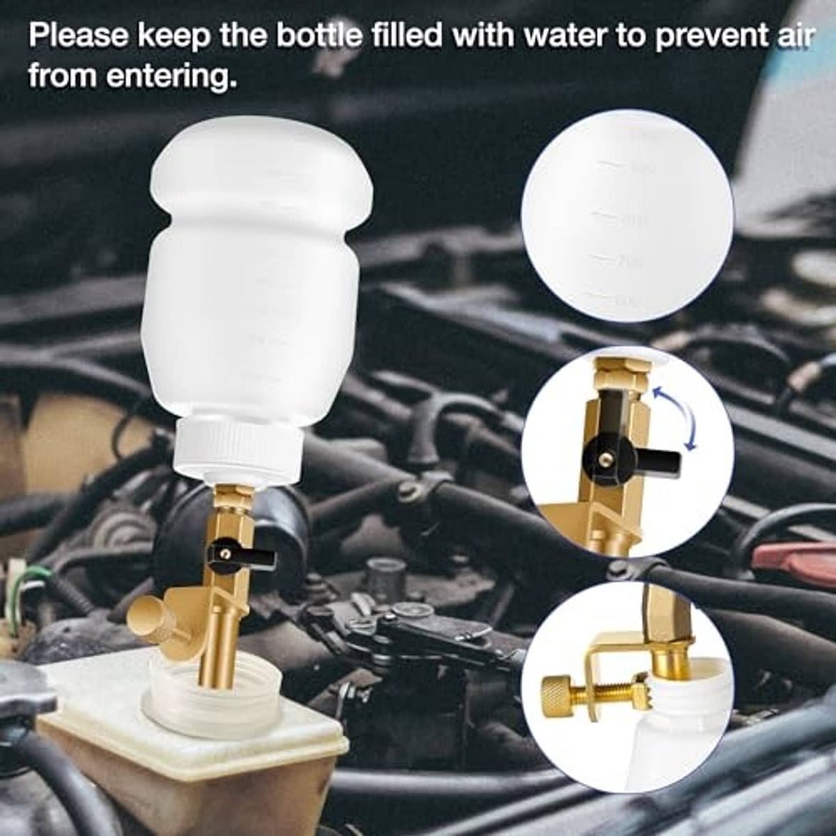 Brake bleeder refill bottle with brass valve and white fluid reservoir for master cylinder use