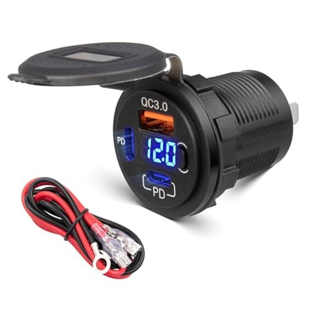 Car USB-C charger with QC3.0/PD digital display showing 12.8 and wiring harness
