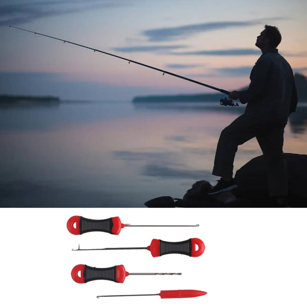Four-piece baiting needle rig tool set with black handles and one red handle