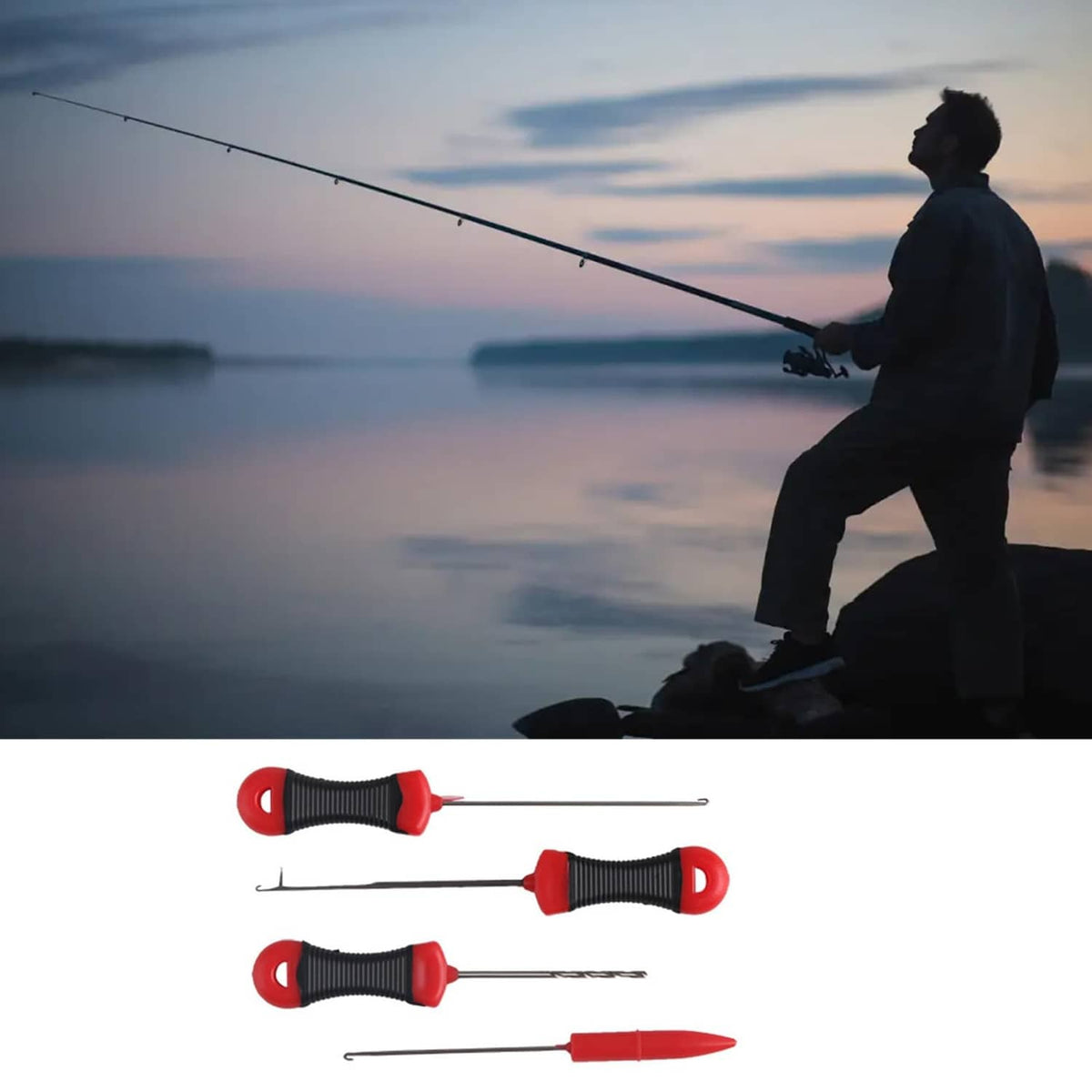 Four-piece baiting needle rig tool set with black handles and one red handle