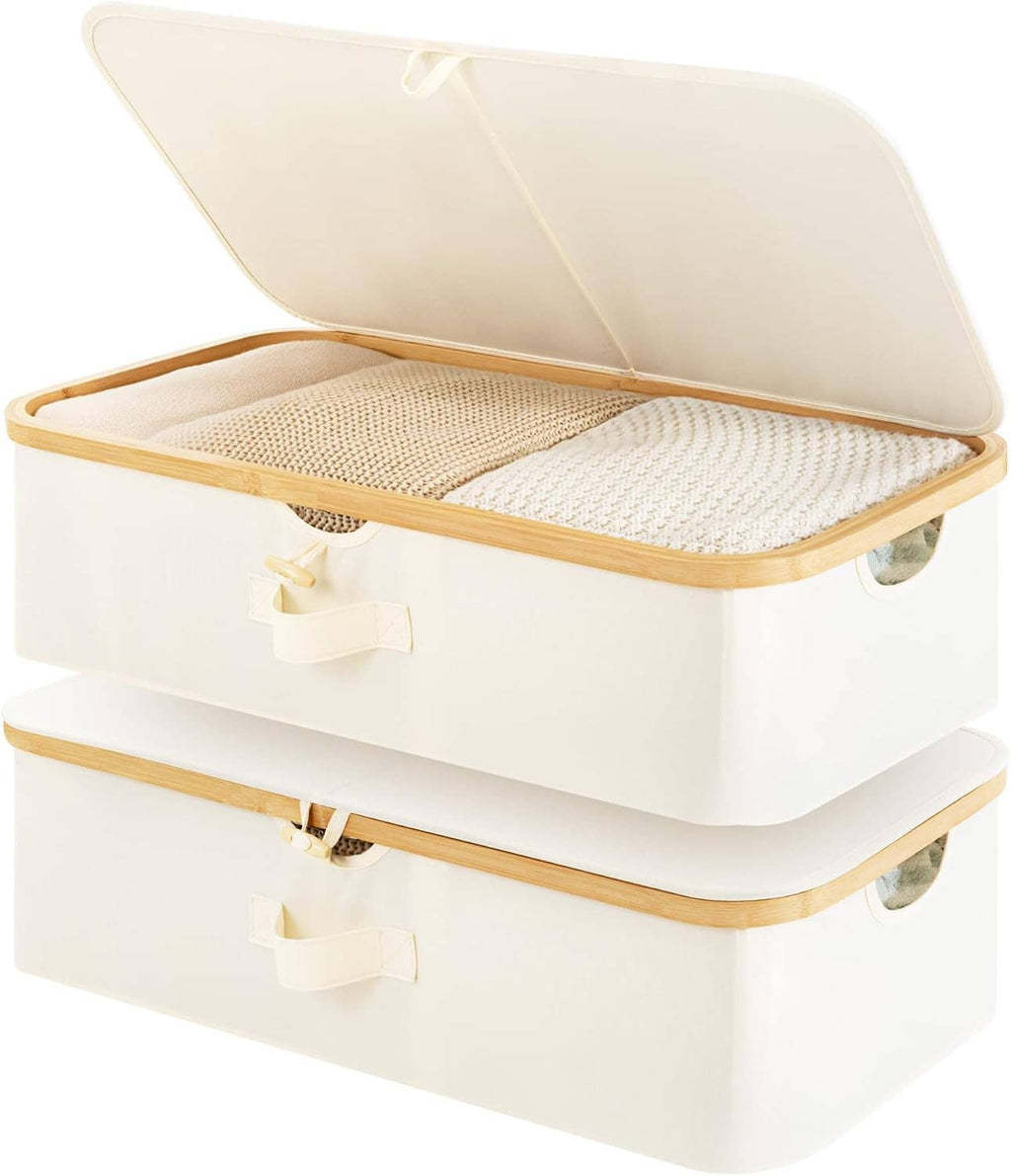 Low-profile under-bed storage bins, 2-pack, white with flip-top lids and beige handles