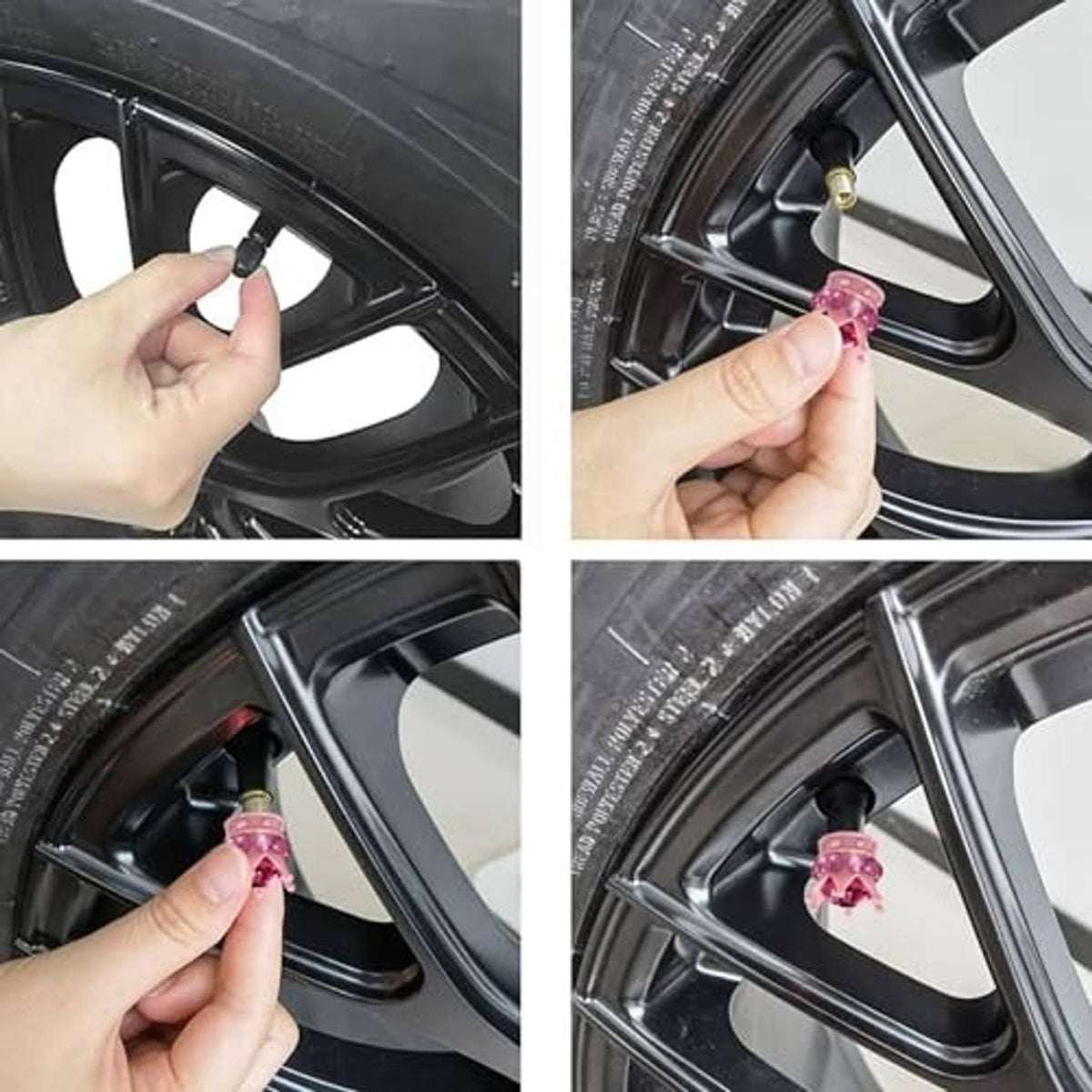 Hands installing pink rhinestone crown tire valve cap onto wheel valve stem