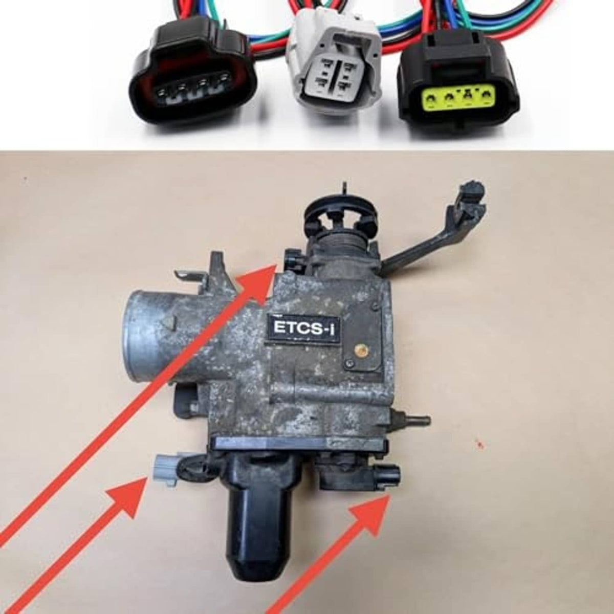 Throttle body connector harness installed on throttle body with four plug ends