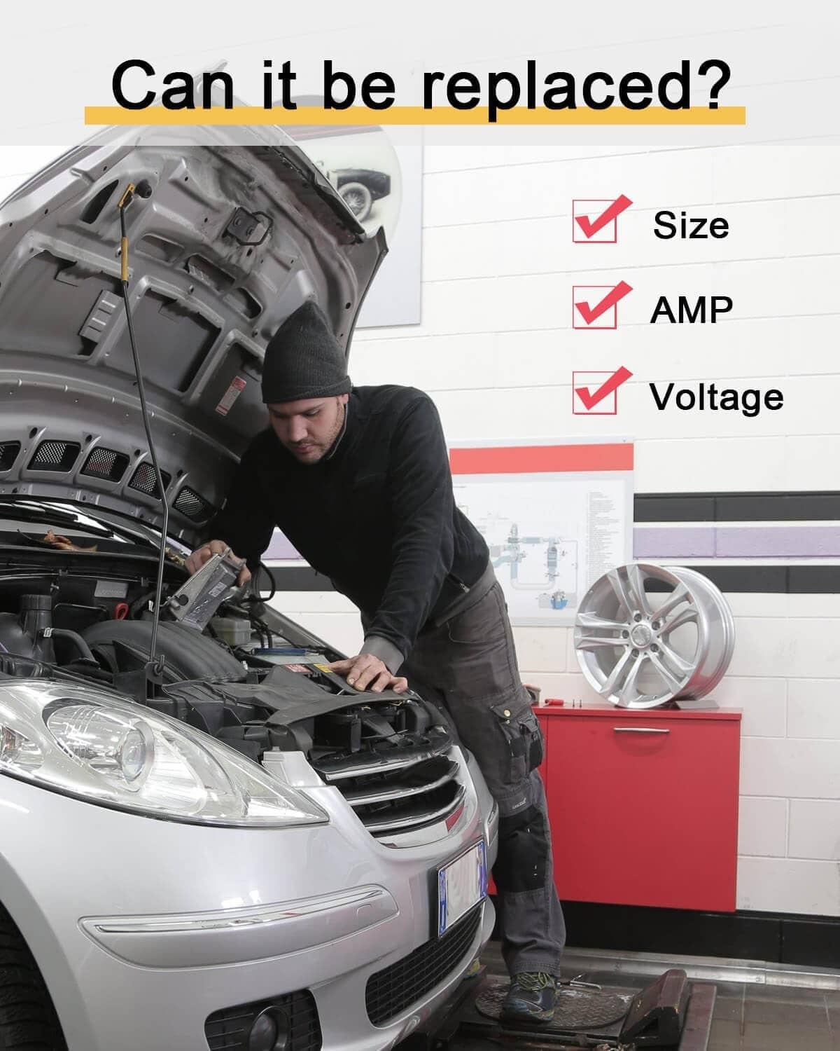 Mechanic replacing a 50A automotive blade fuse in a car engine bay