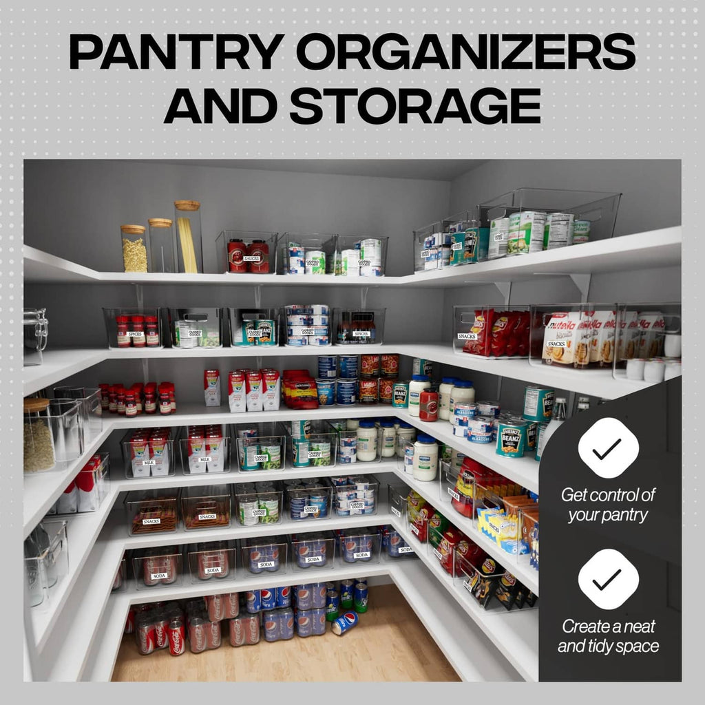 Clear plastic pantry organizer bins on shelving for neat storage
