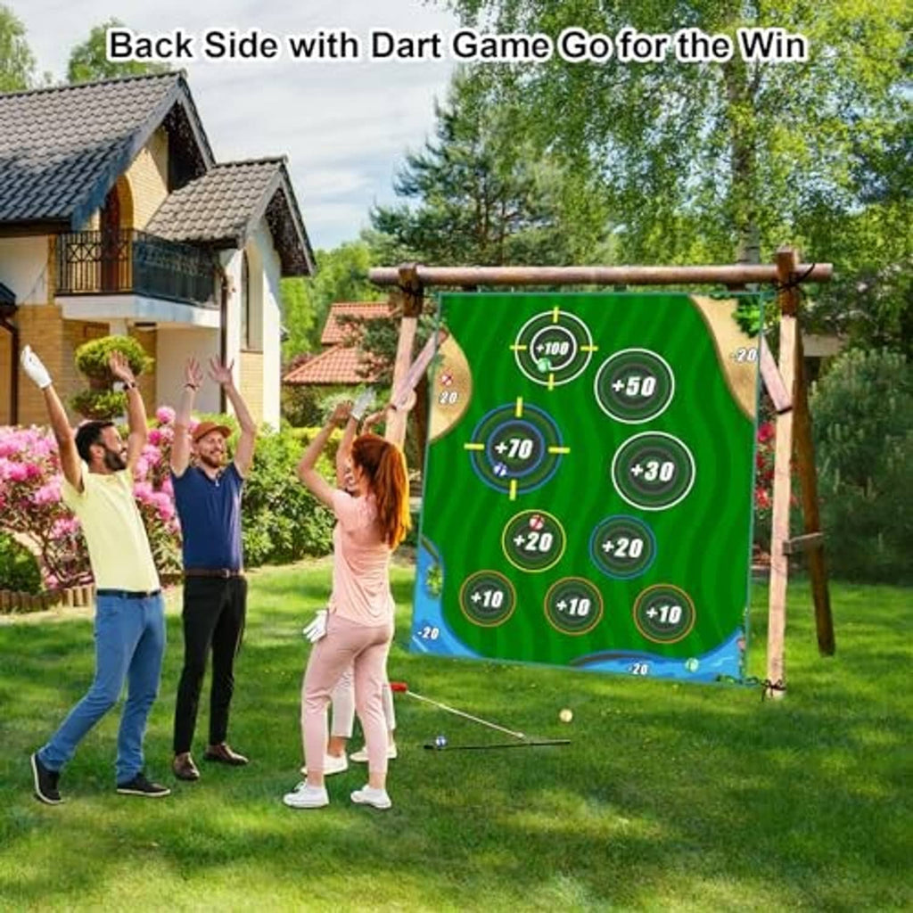 Double-sided golf chipping game mat hanging from a frame, green target scoring grid