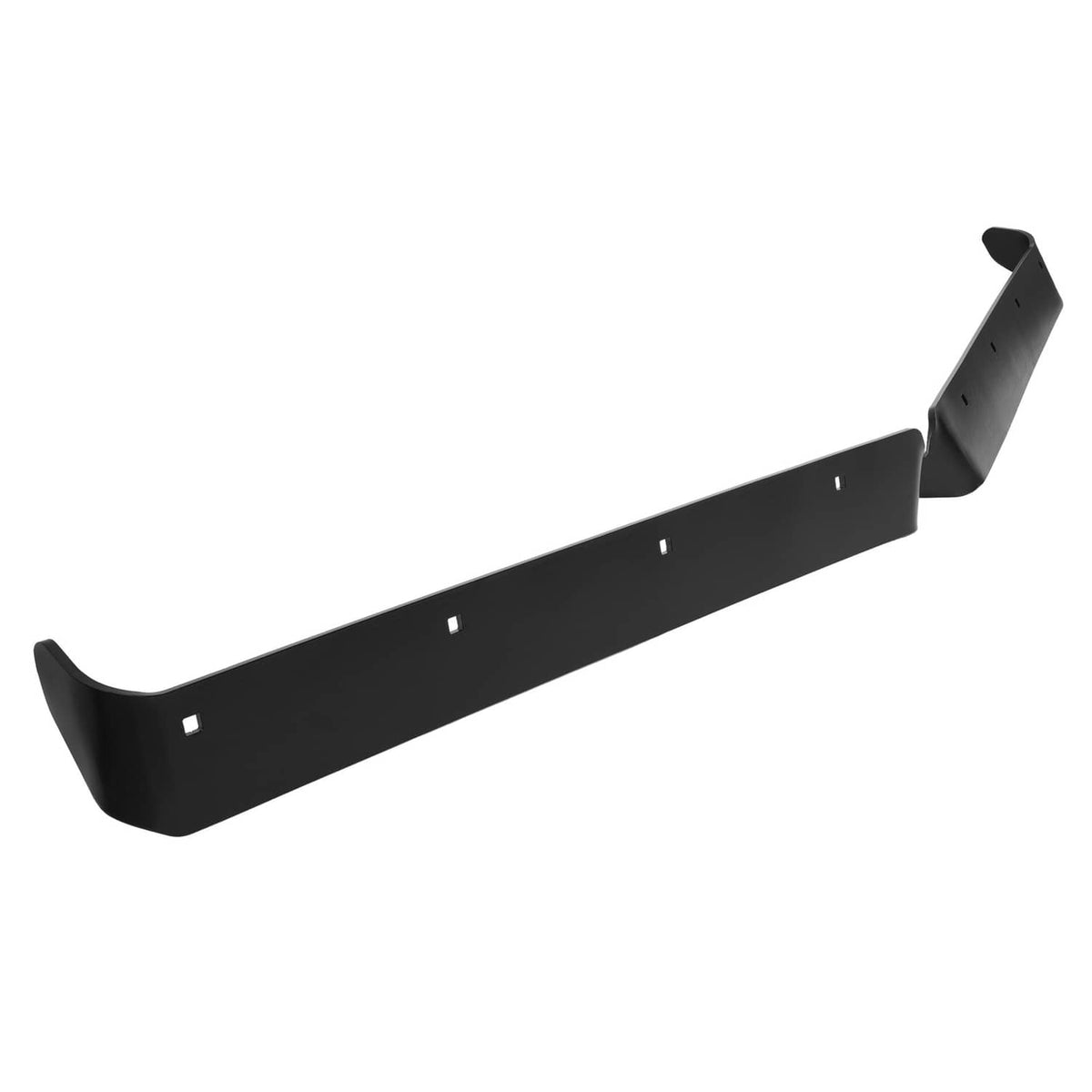 Black snow plow cutting edge blade with mounting holes and end bracket