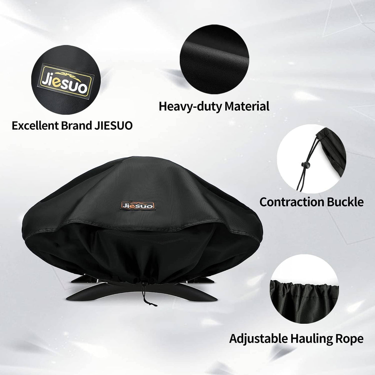 Black Jiesuo grill cover with adjustable contraction buckle and hauling rope