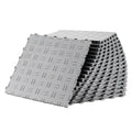 Silver interlocking garage floor tiles with diamond-grip surface, shown stacked and layered