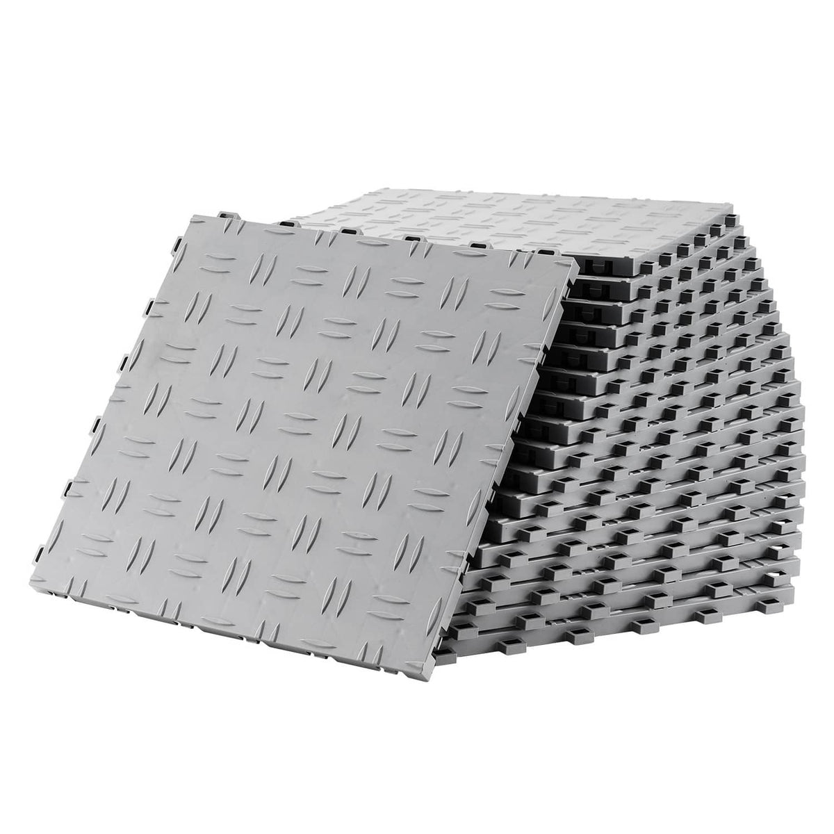 Silver interlocking garage floor tiles with diamond-grip surface, shown stacked and layered