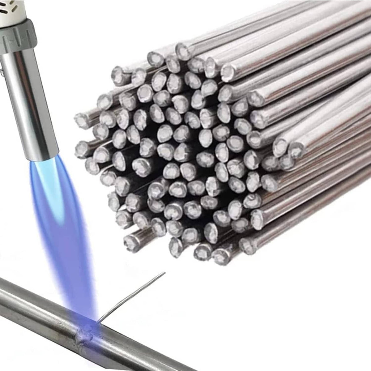 Aluminum welding rods bundle with flux tips, shown feeding into a weld bead