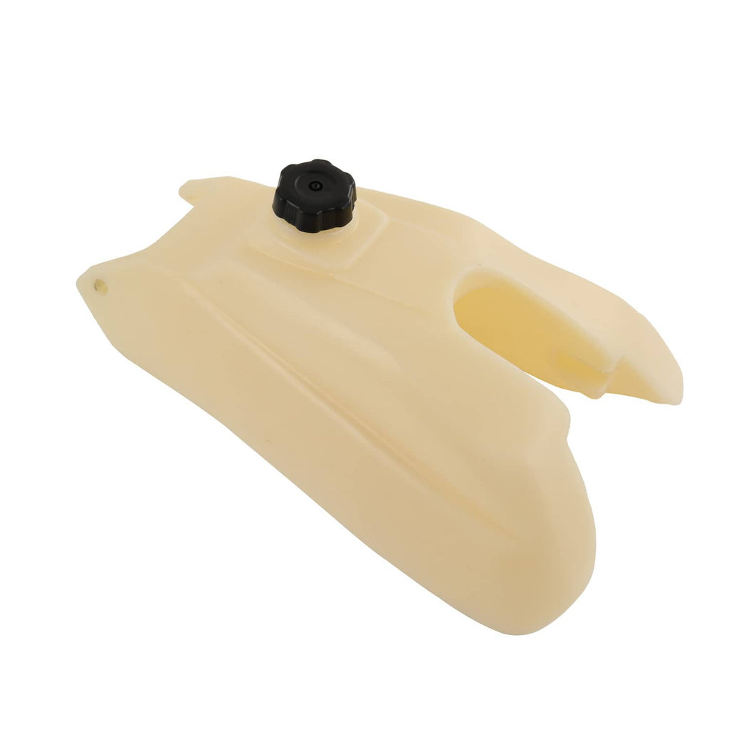 Beige plastic fuel tank with black gas cap, angled view