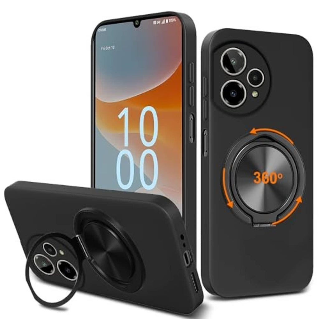 Black phone case with 360° ring stand and triple camera cutouts.
