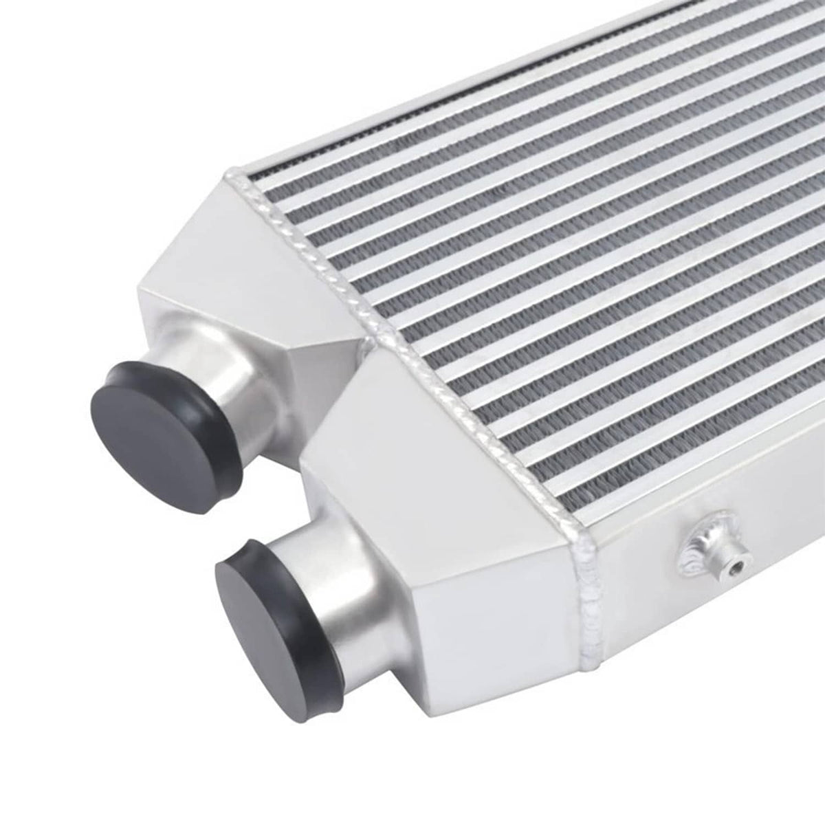 Aluminum intercooler with two black end caps and ribbed core detail