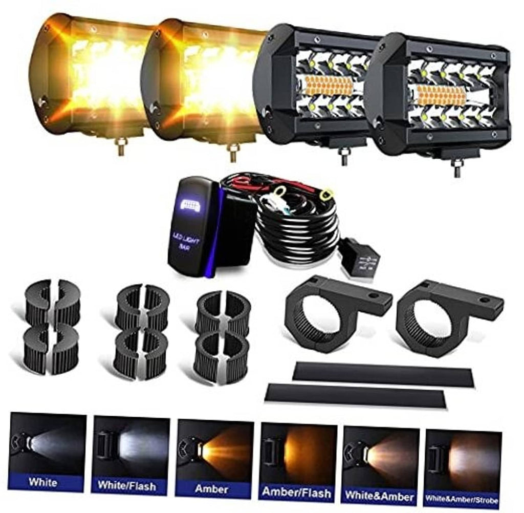 Black LED strobe pod light set with tube clamps, controller, wiring, and mounting brackets