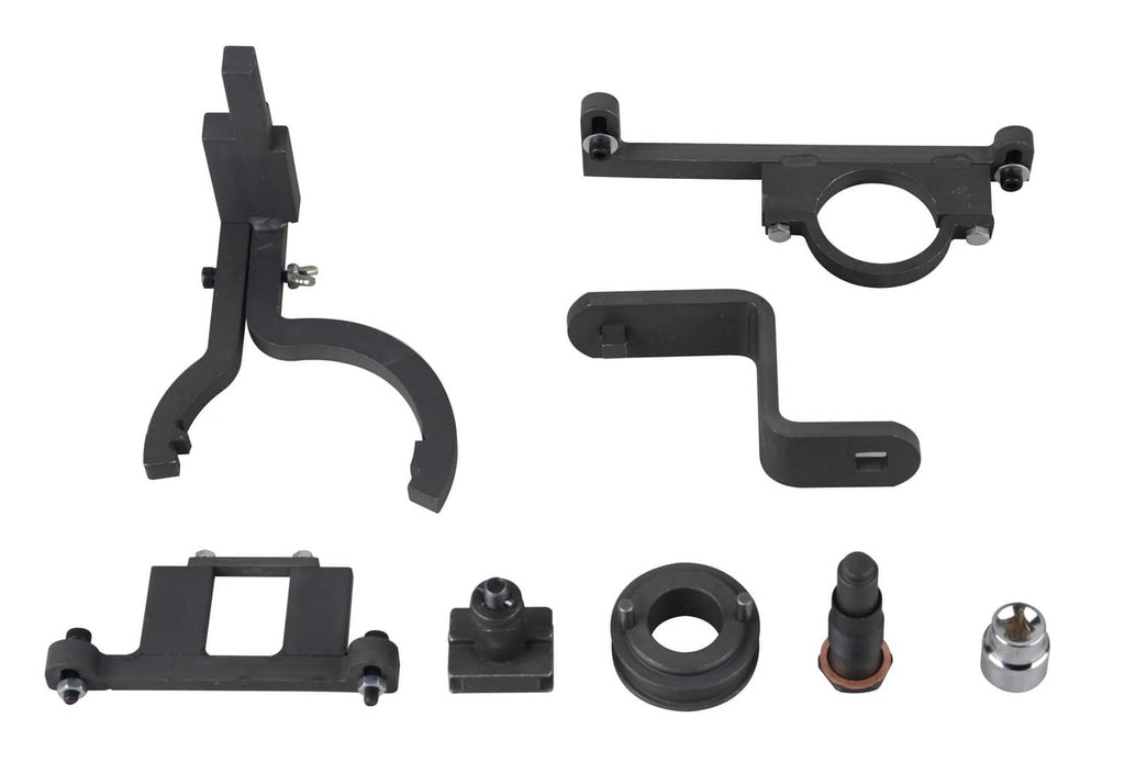 Camshaft timing tool kit parts set: black brackets, bushing, and metal spacer