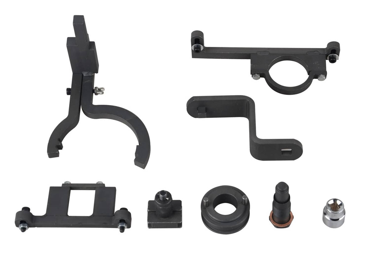 Camshaft timing tool kit parts set: black brackets, bushing, and metal spacer