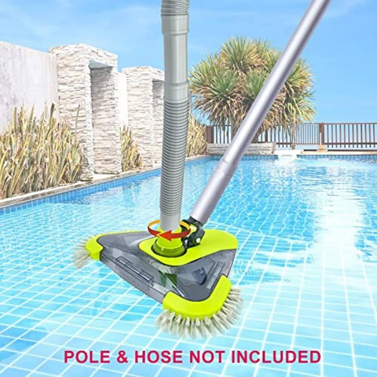 Pool vacuum head with hose connection, green base, and gray sweeping bristles