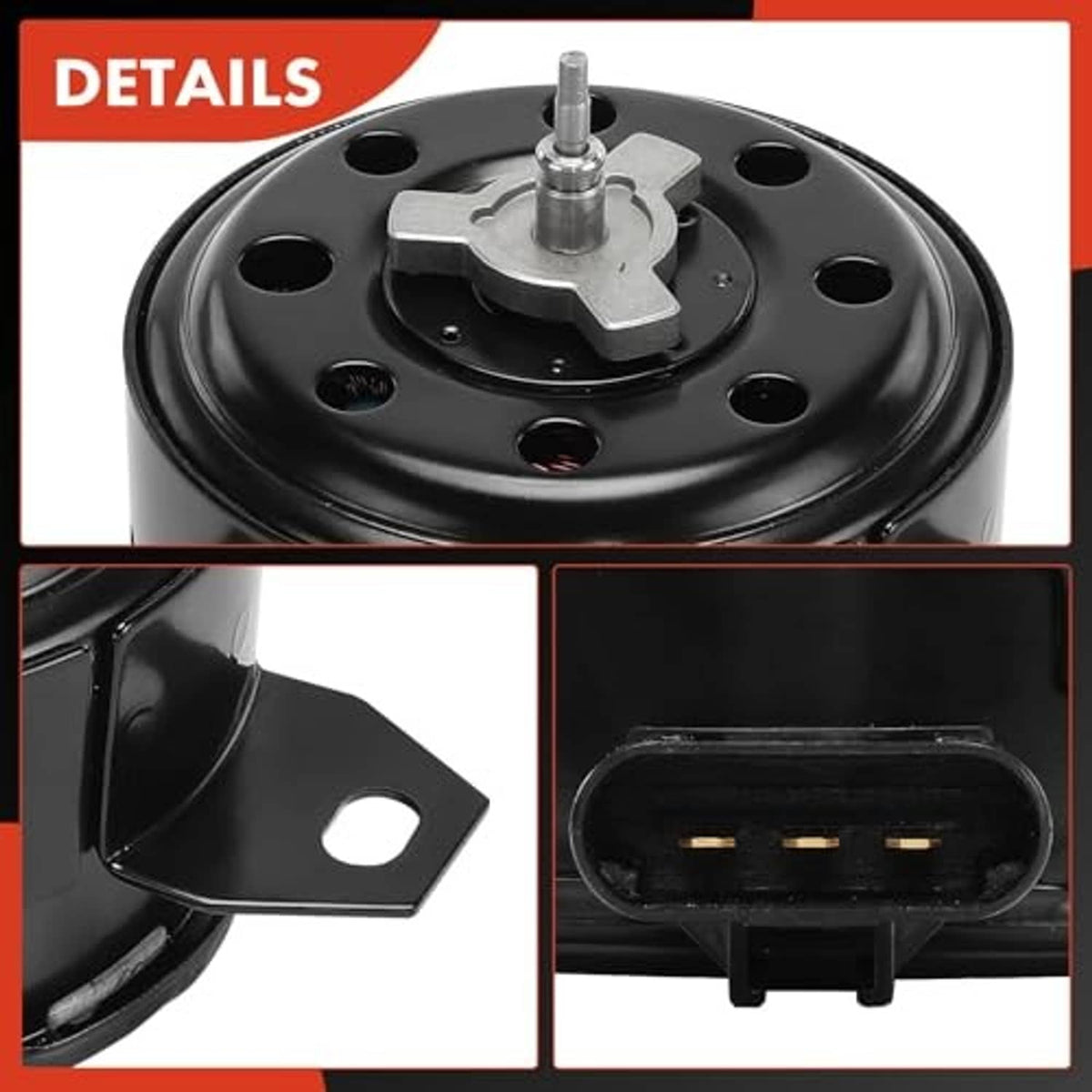 Radiator fan motor top plate with center metal shaft and four mounting holes.