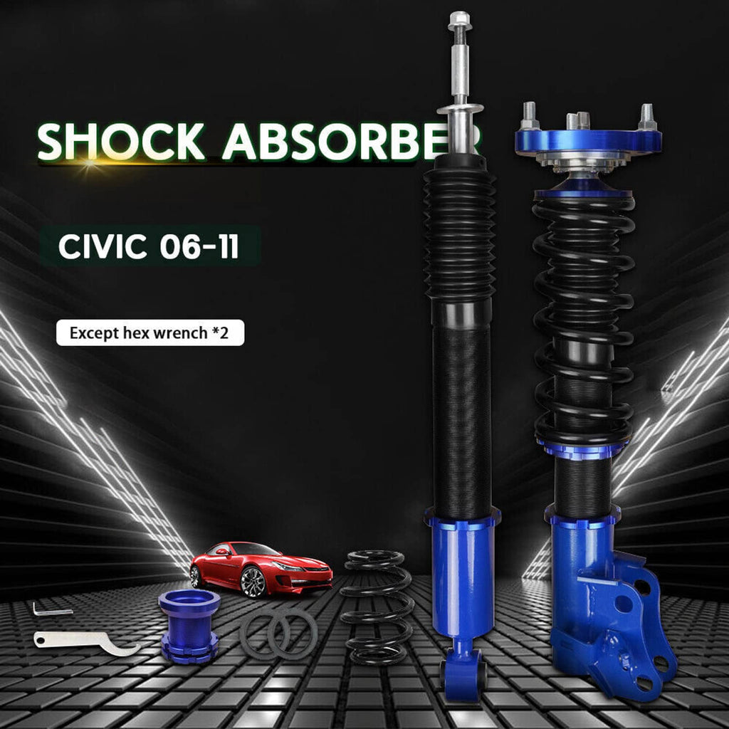 Adjustable coilover struts with blue shock bodies, black springs, and mounting brackets
