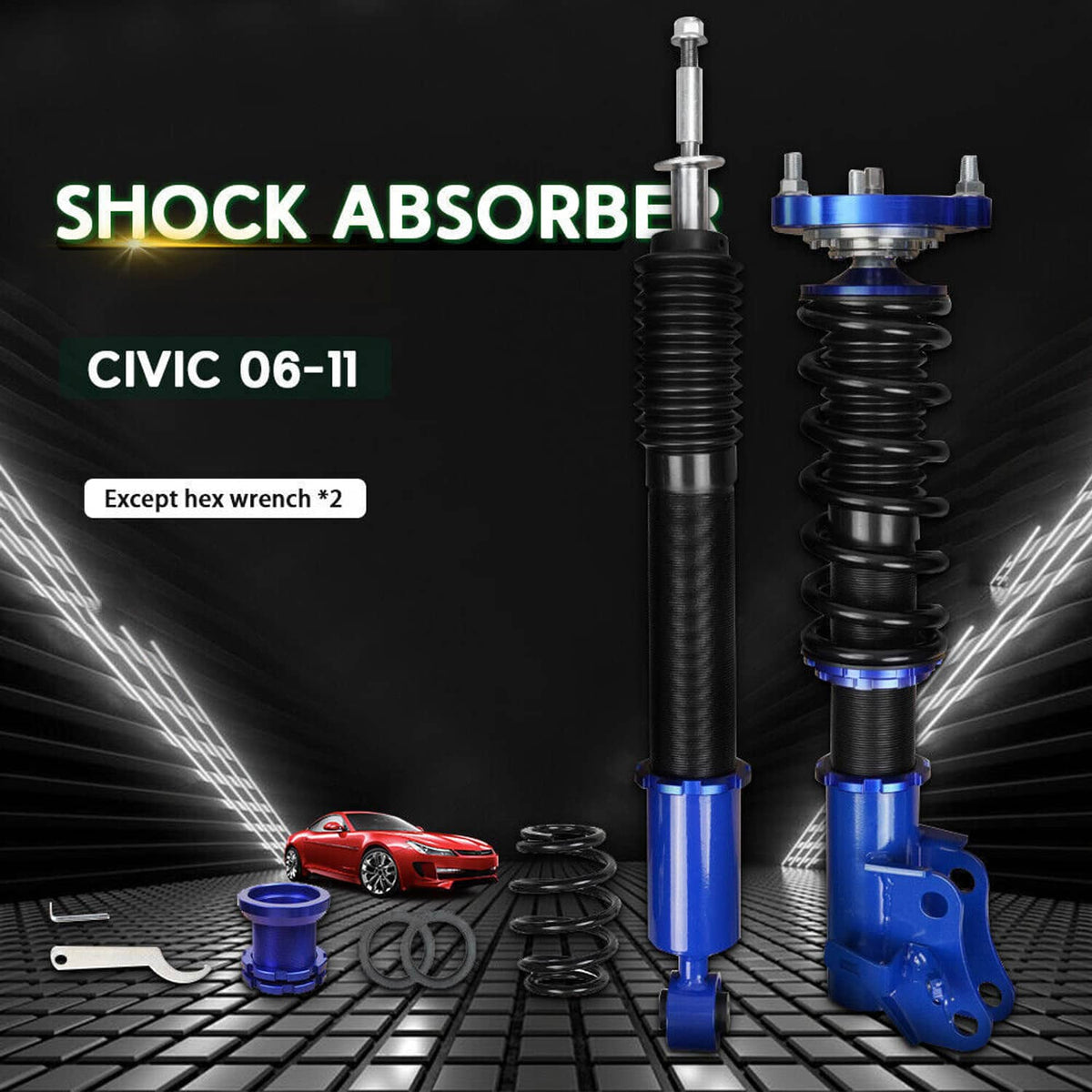 Adjustable coilover struts with blue shock bodies, black springs, and mounting brackets