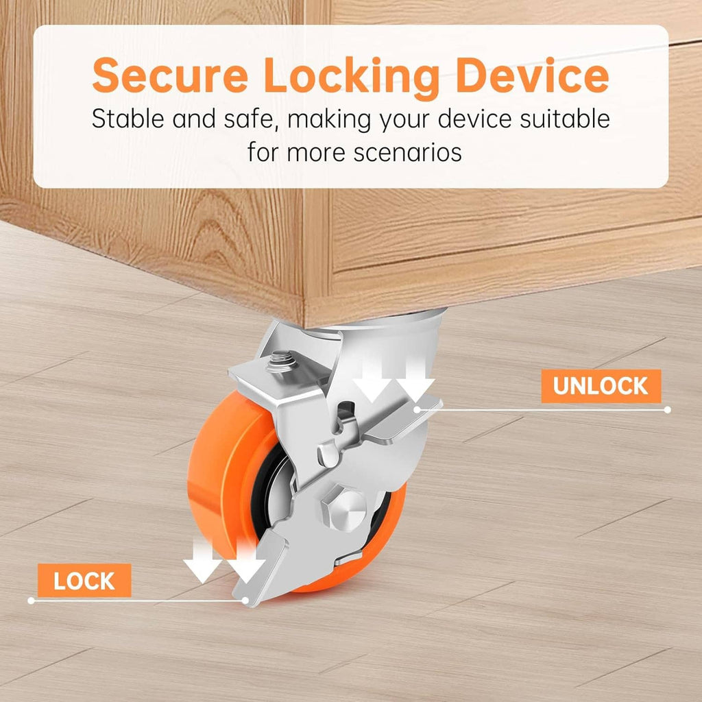 Swivel caster with locking mechanism and orange polyurethane wheel under wooden furniture