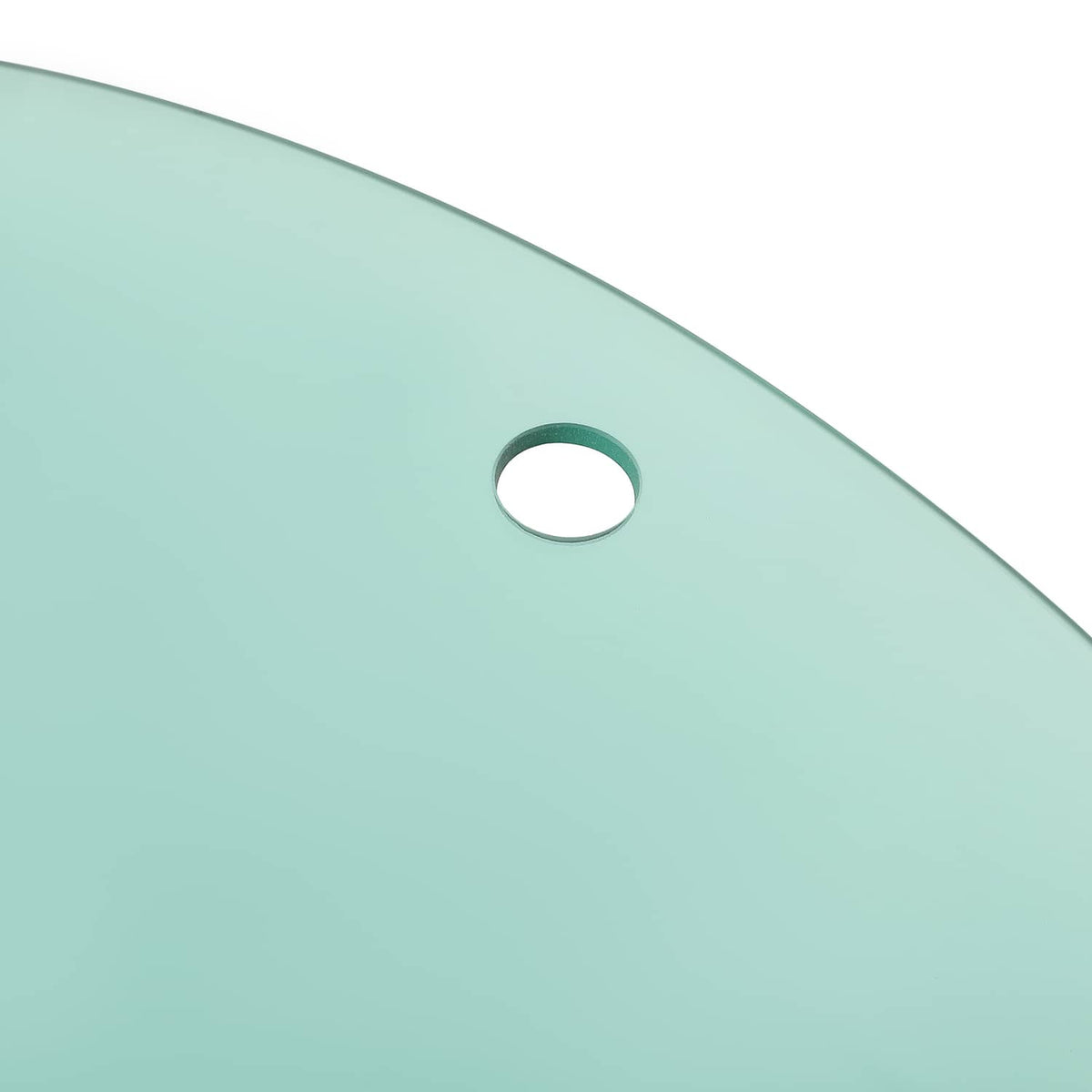 Close-up of light blue-green cab door glass with a single mounting hole near edge.