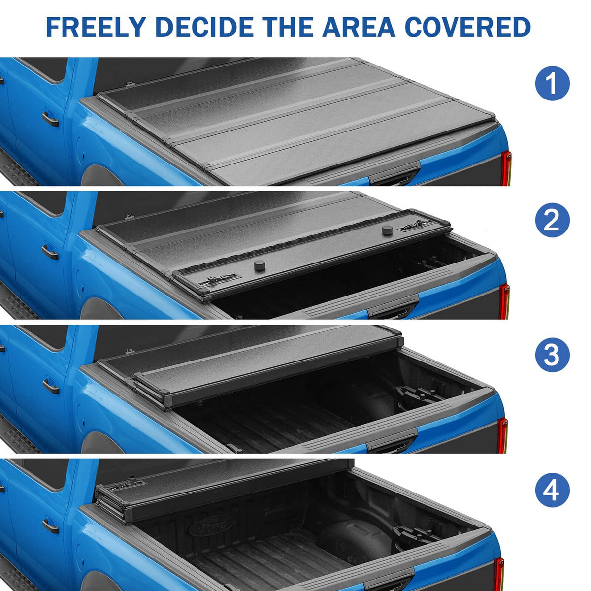 Hard tri-fold tonneau cover shown opening in four stages, gray panels