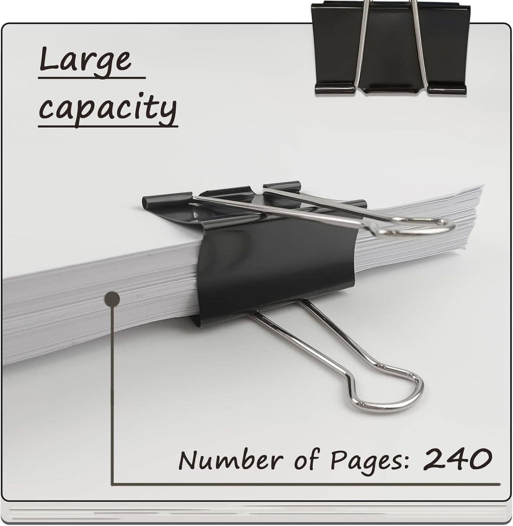 Black large binder clip holding stack of papers; metal spring and clamp base