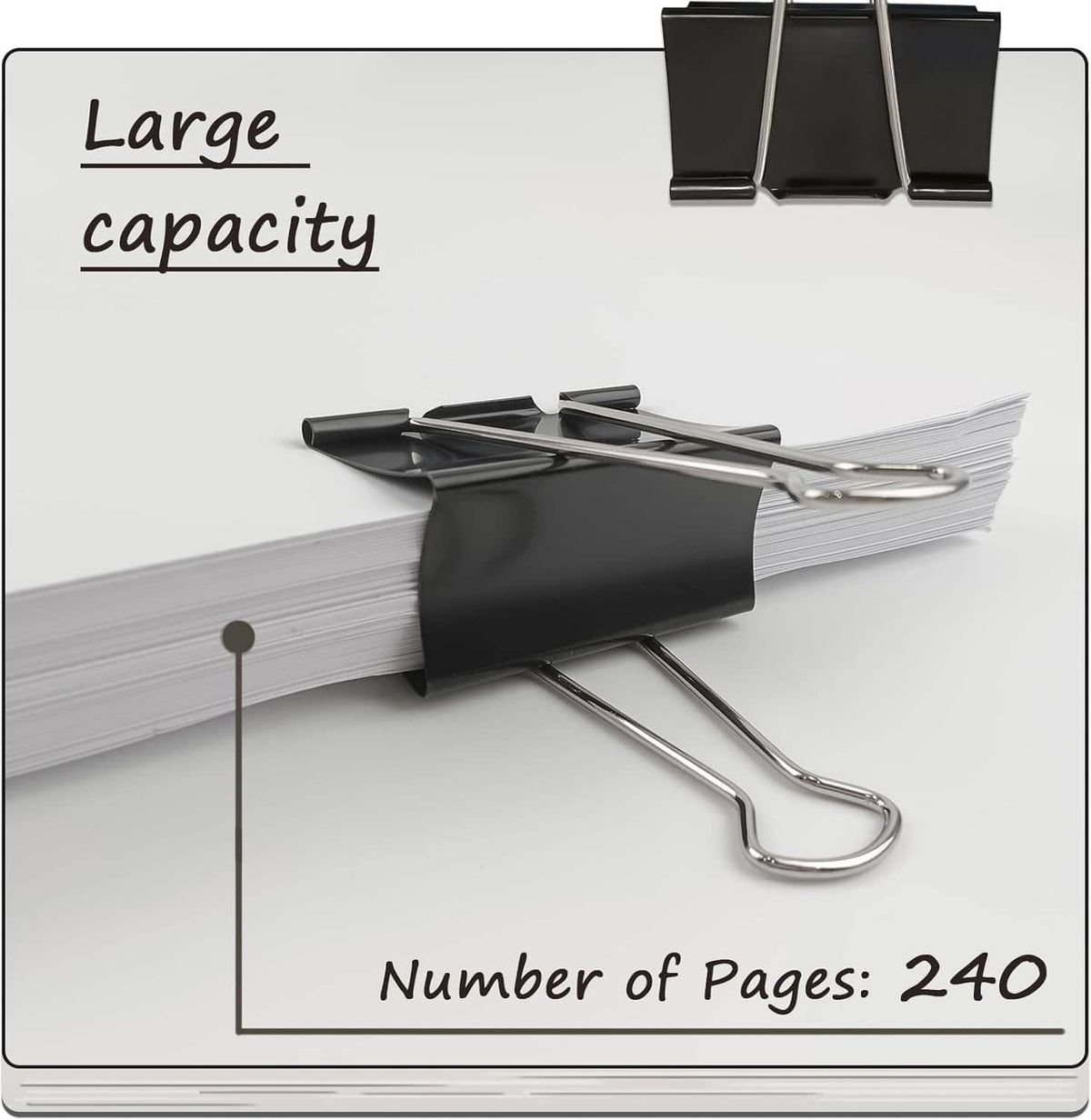 Black large binder clip holding stack of papers; metal spring and clamp base