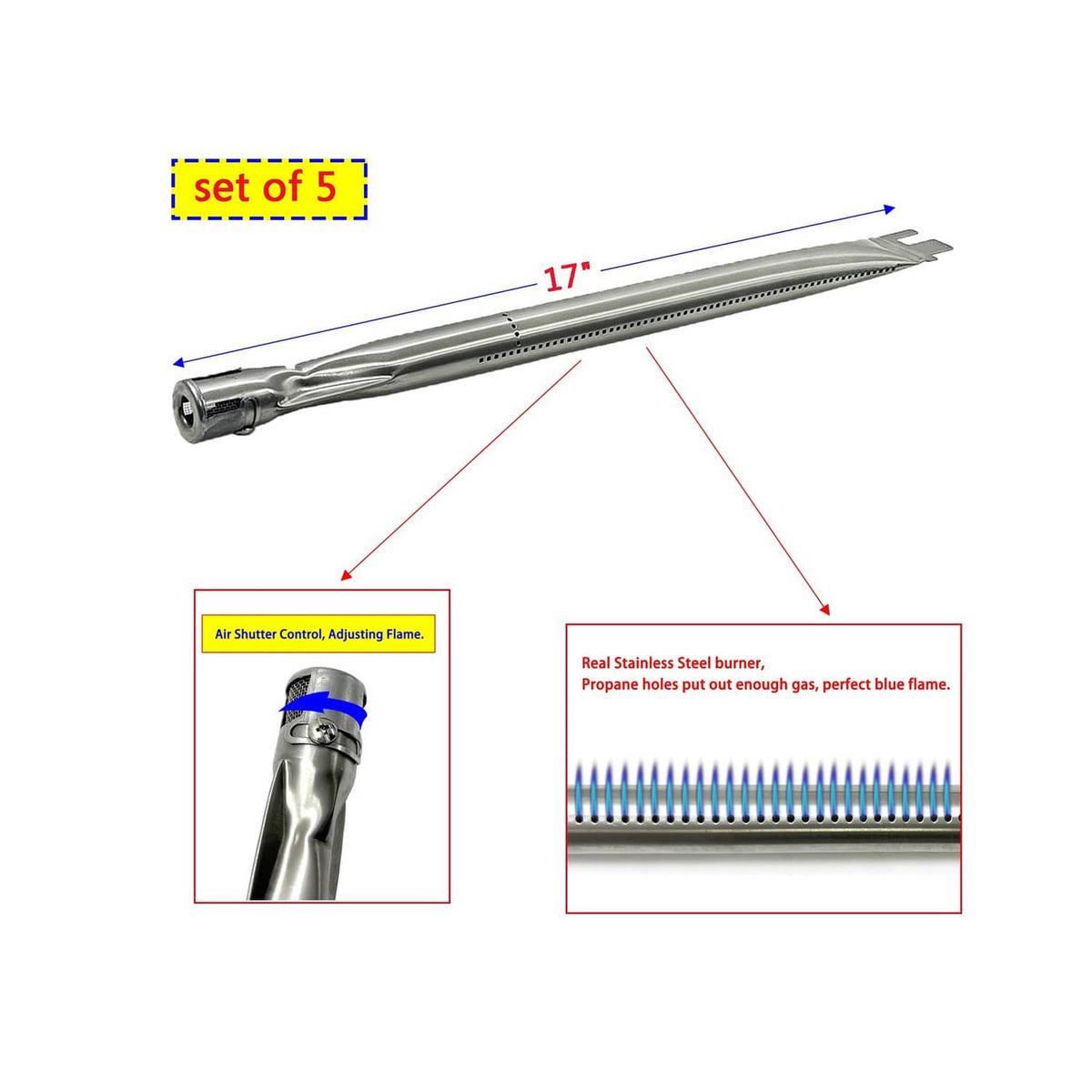 Stainless steel burner tube with air shutter control and flame adjustment details.