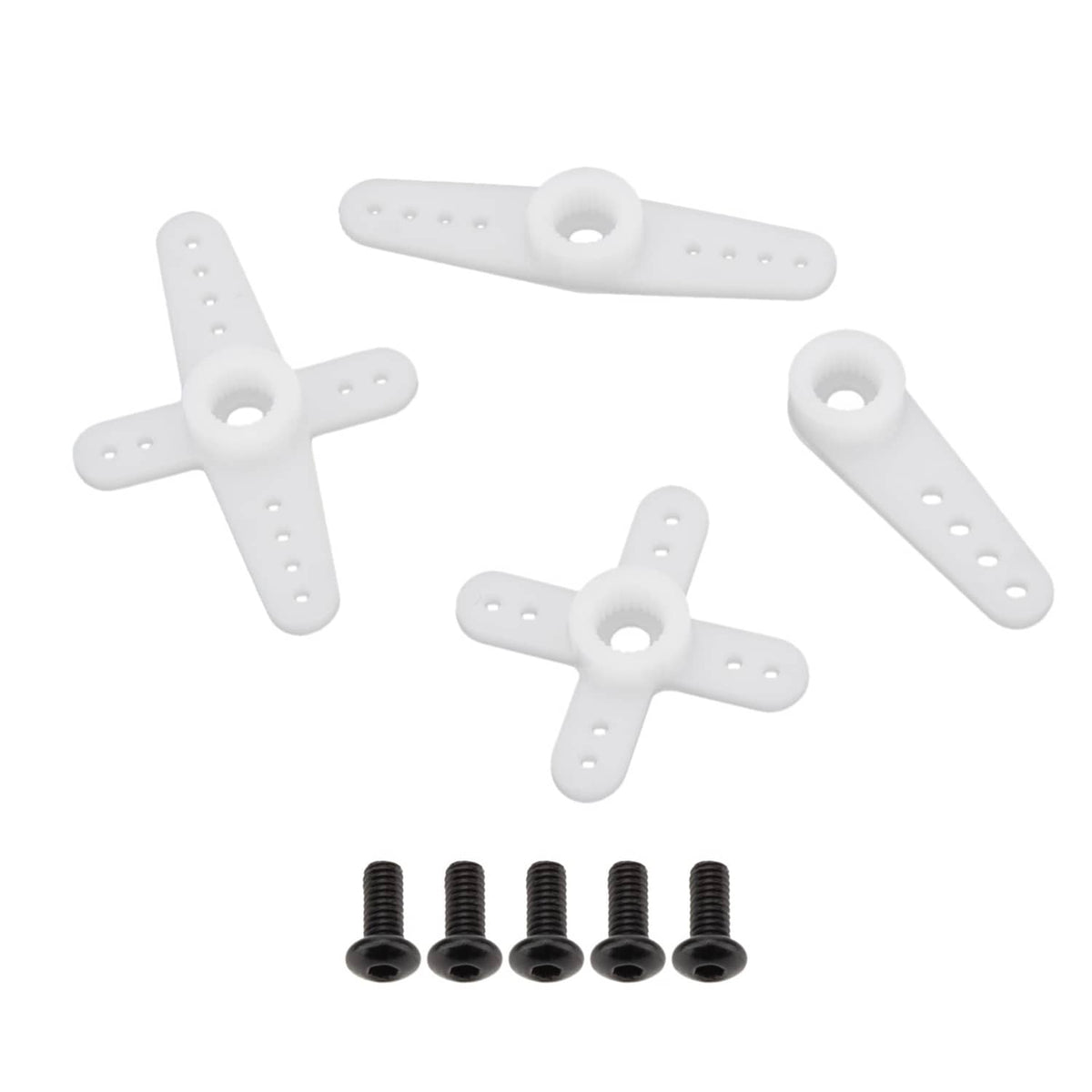 Set of white servo control horns with black mounting screws for RC micro servos