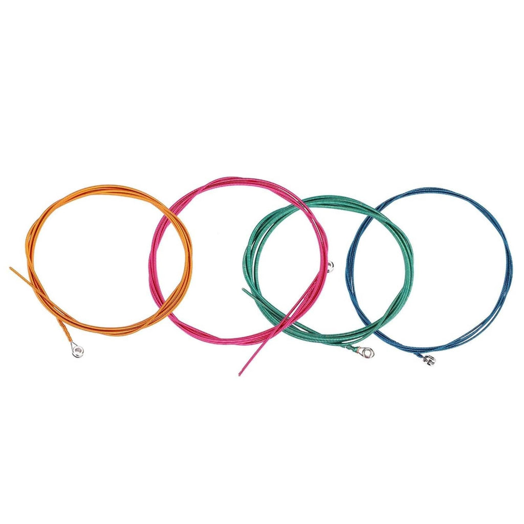 Assorted color steel bass strings in orange, pink, green, and blue coils with metal ends