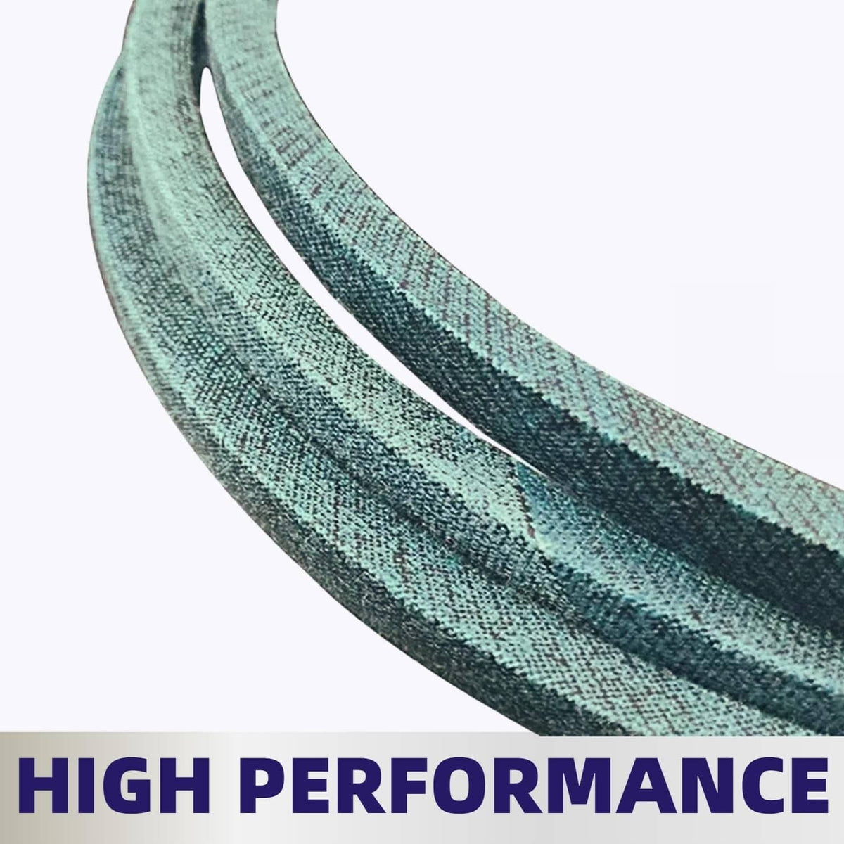 Teal lawn mower drive belt loop with textured sidewall detail, close-up