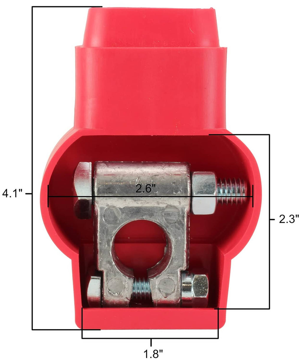Red battery terminal cover with metal insert shown with size measurements