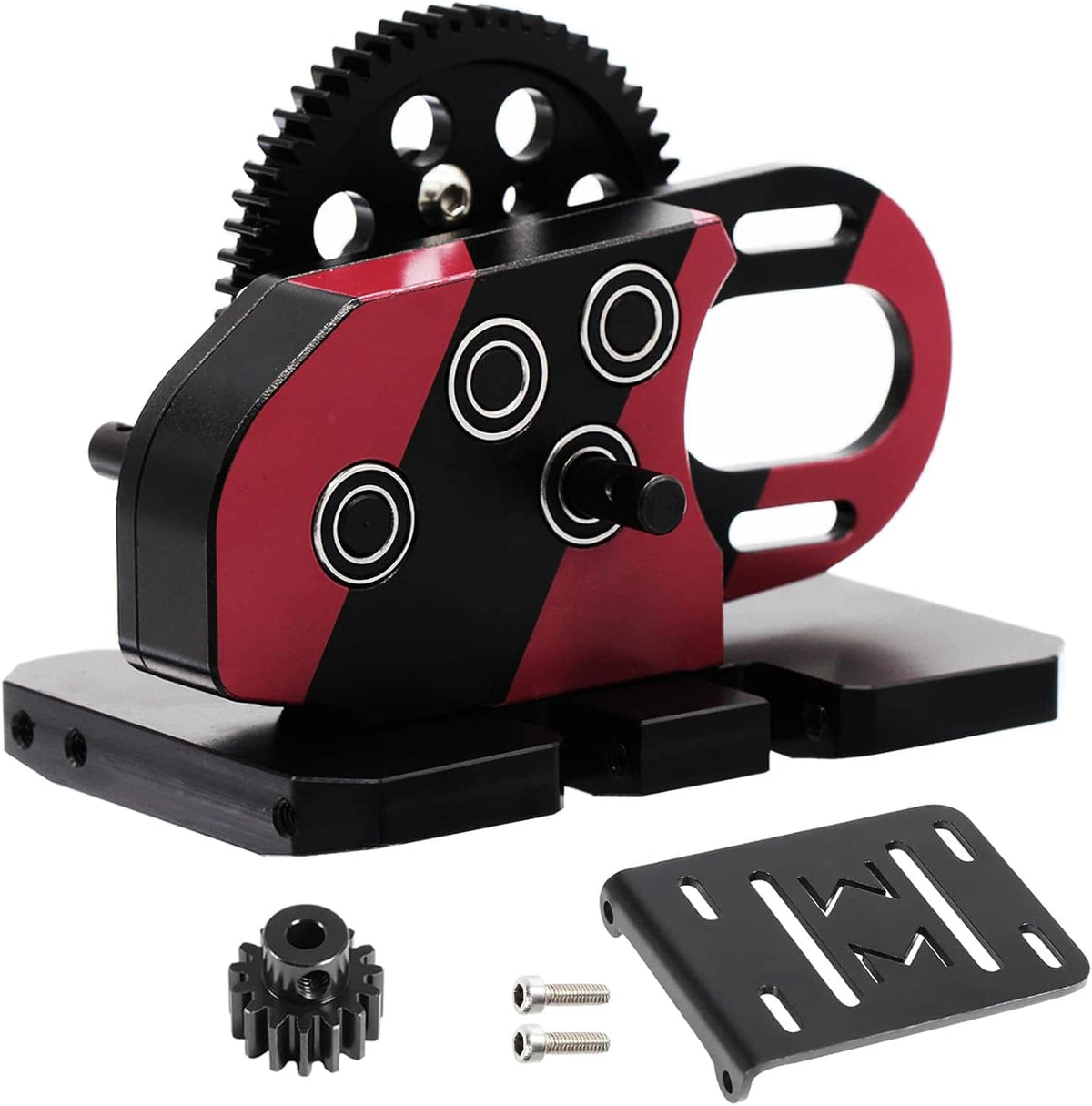 1/10 scale differential gearbox with red-and-black metal housing and POM skid plate