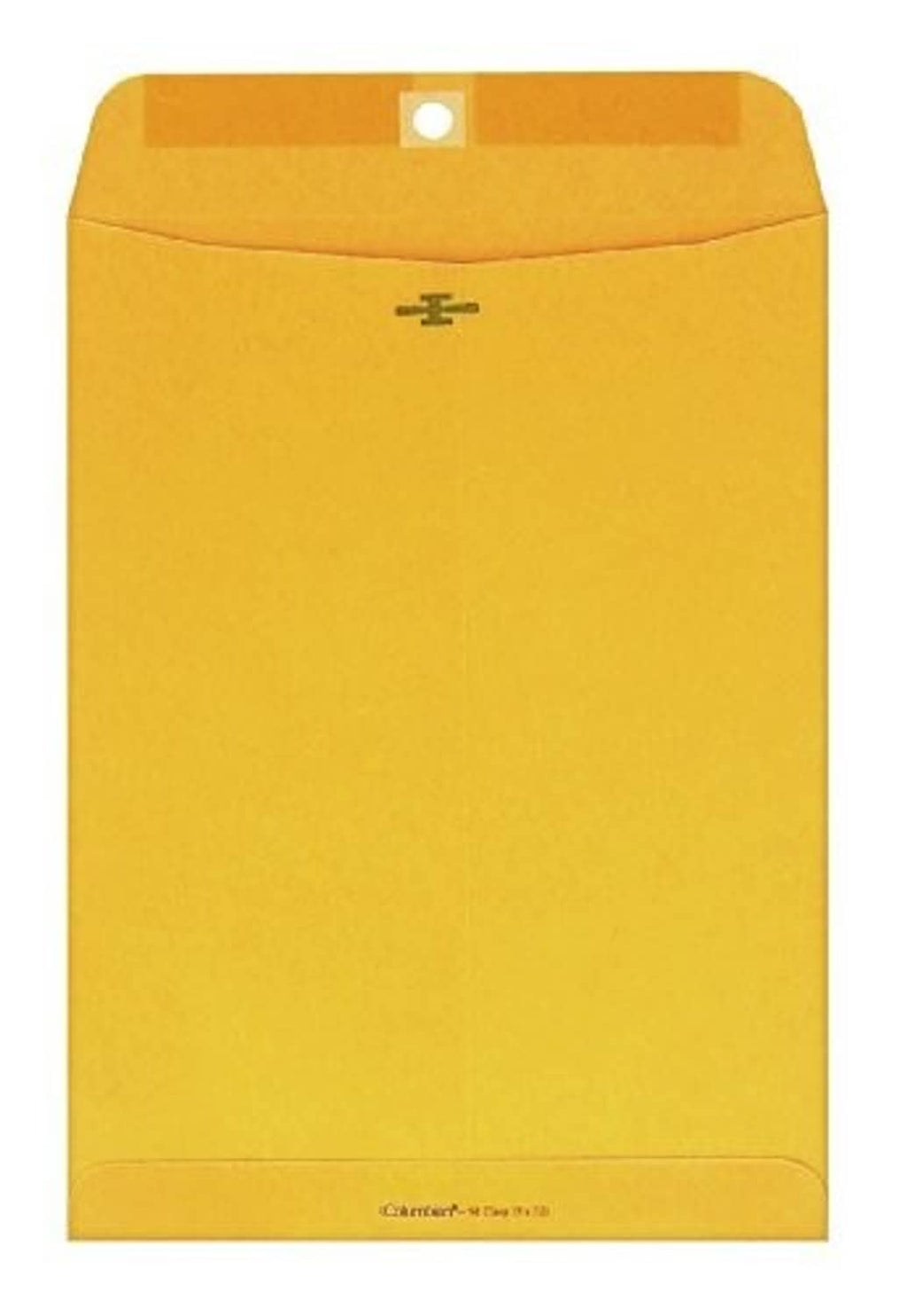 Yellow-orange kraft clasp mailing envelope, front view with closure flap and clasp