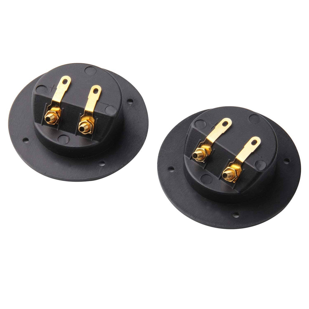 Pair of black terminal cups with gold binding posts, rear mounting tabs shown