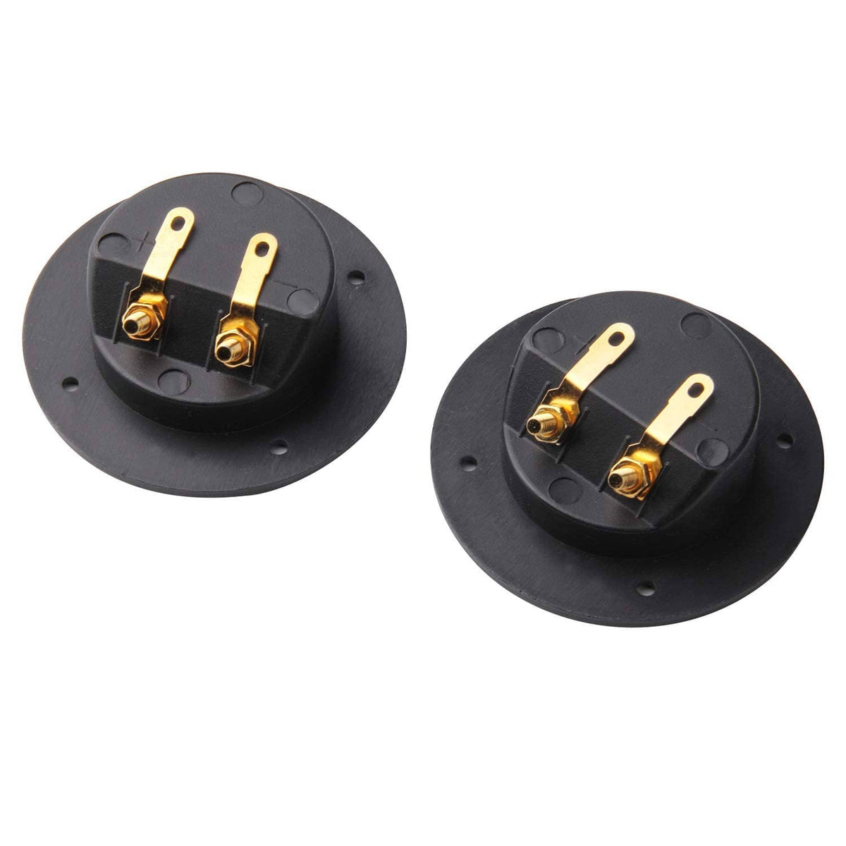 Pair of black terminal cups with gold binding posts, rear mounting tabs shown