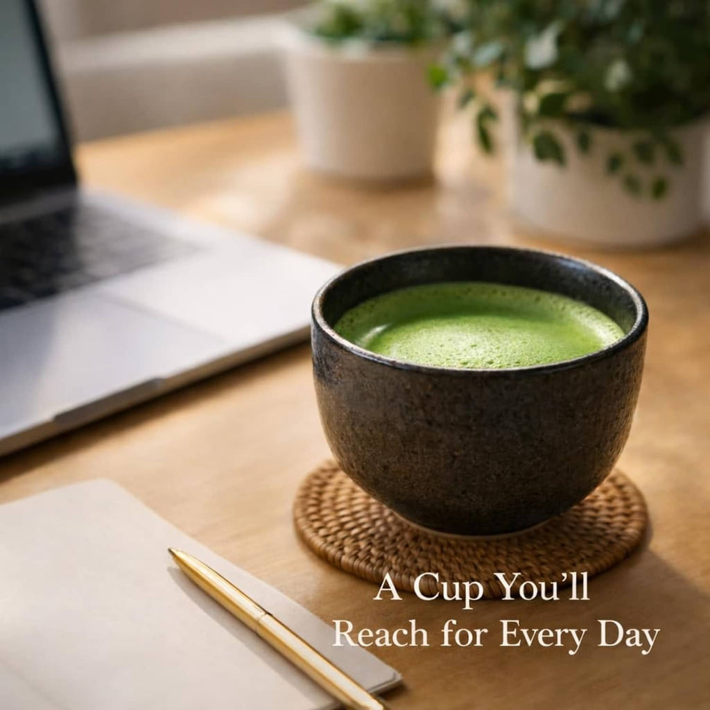 Single cup of green matcha tea on a coaster with a wooden stir stick nearby