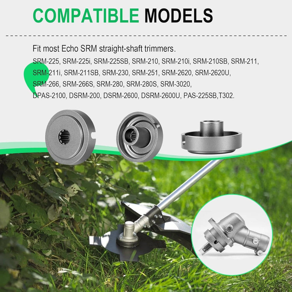 Grass trimmer adapter plate shown with compatible trimmer head mounting end