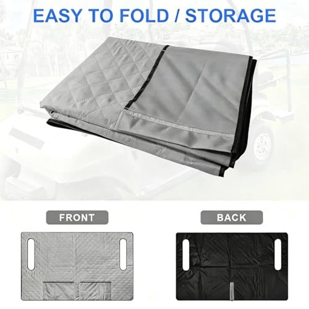 Folded golf cart seat cover blanket, gray front and black back