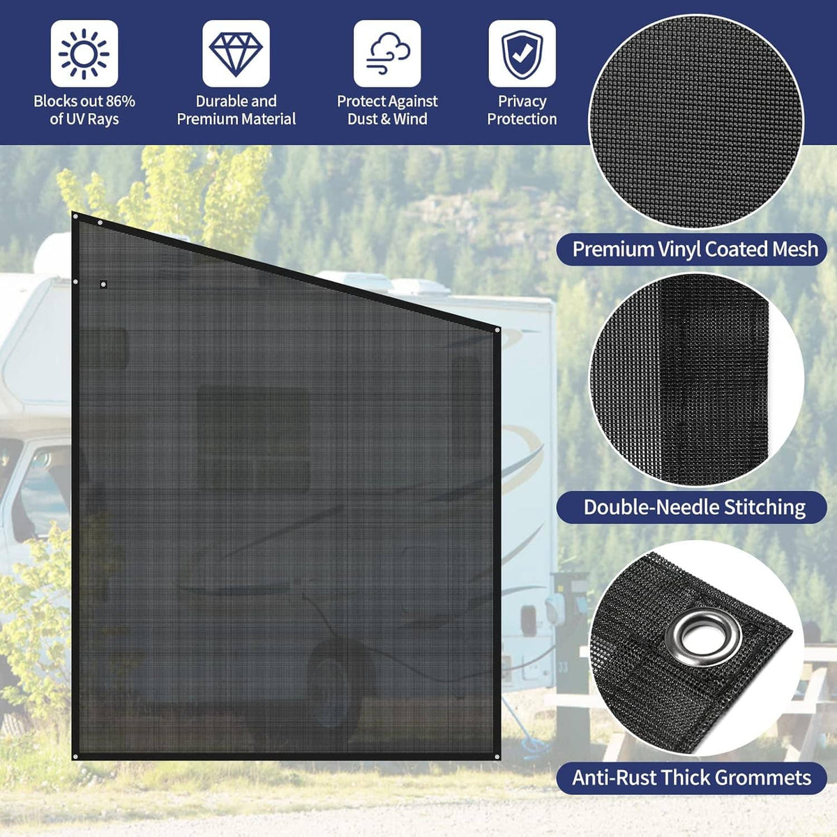Black vinyl-coated mesh RV awning side shade panel with reinforced stitching and grommets
