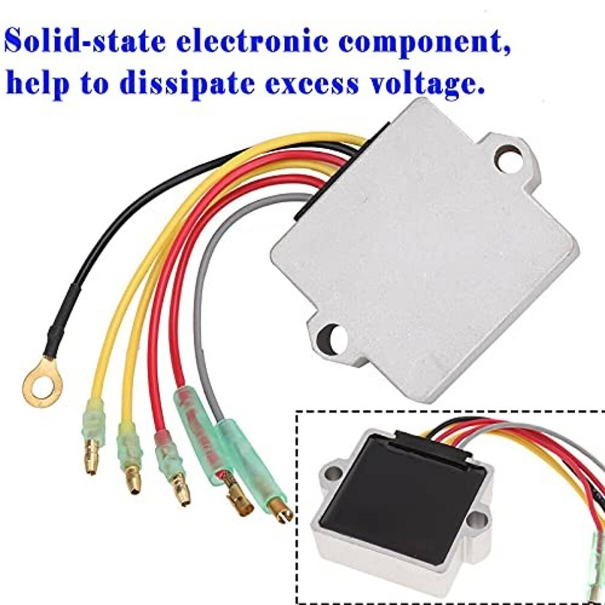 Aluminum-cased voltage regulator rectifier with black solid-state module and wiring