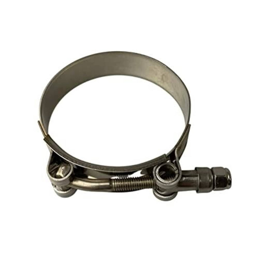 Stainless steel T-bolt hose clamp with ridged band, side screws, and threaded tensioner