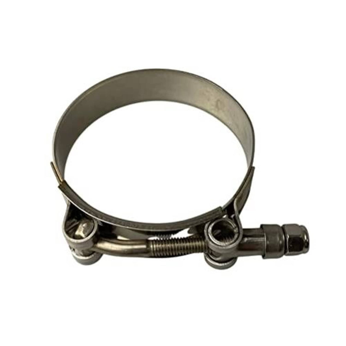 Stainless steel T-bolt hose clamp with ridged band, side screws, and threaded tensioner