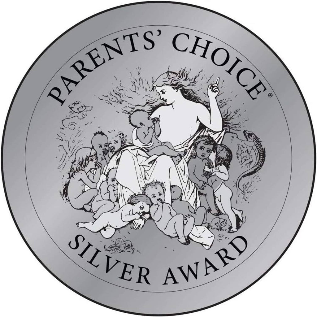 PARENTS' CHOICE SILVER AWARD emblem with illustrated family on gray circular seal