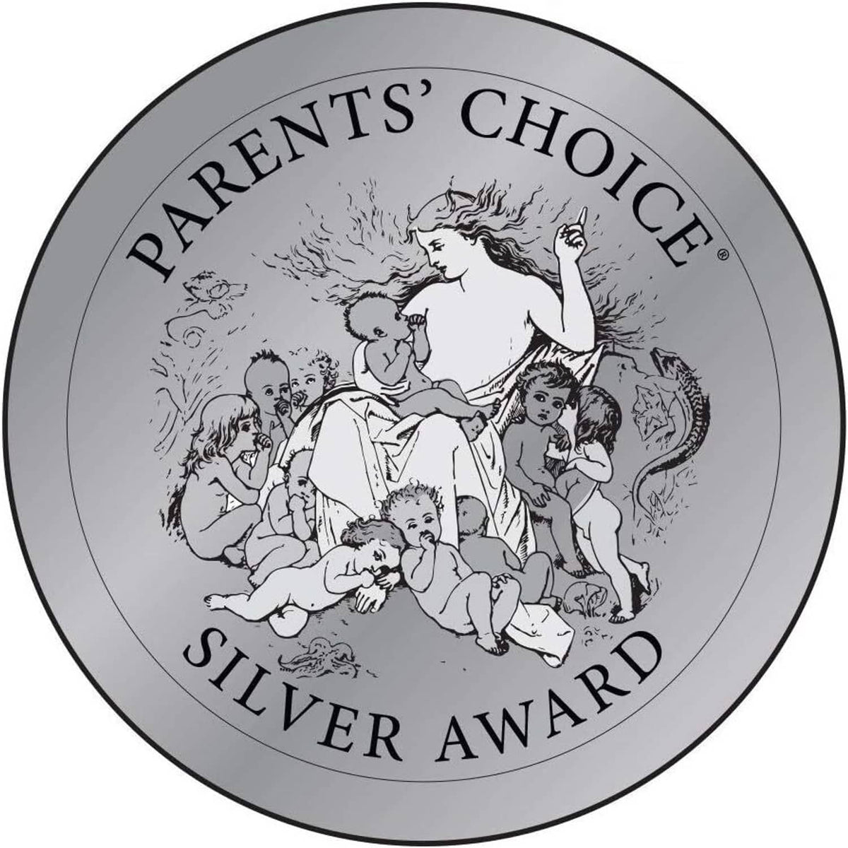 PARENTS' CHOICE SILVER AWARD emblem with illustrated family on gray circular seal