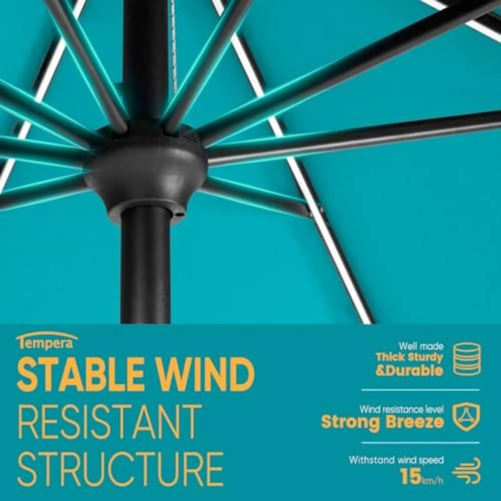 Turquoise patio umbrella top hub with metal ribs and warm LED lighting channels